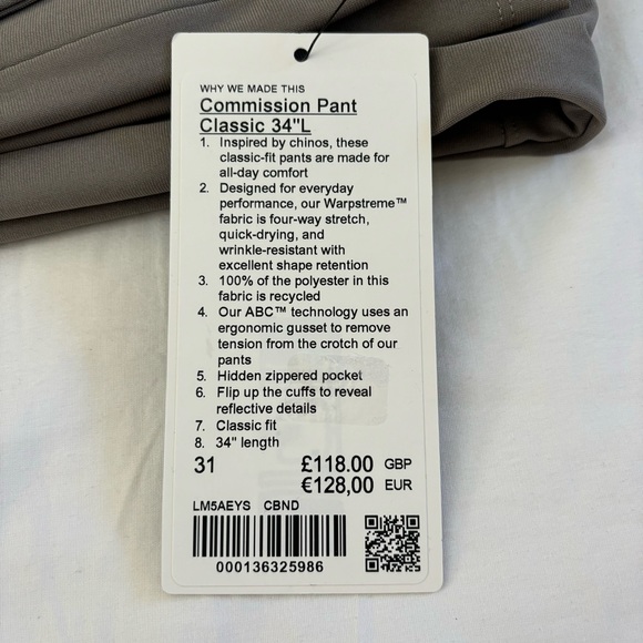 Lululemon Commission Pant Classic 34"L Warpstreme CBND Carbon Dust Men's Size 31 - Picture 6 of 6